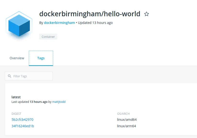 dockerhub showing multiple images for the same tag