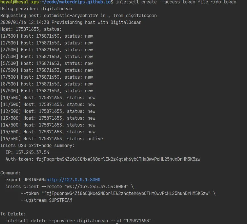 example output from inletsctl create